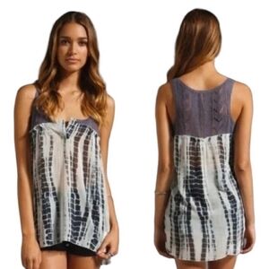 FP Movement by Free People Blue and White Tie-Dye Panel Tank